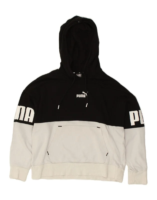 Price Fest PUMA Womens Graphic Hoodie Jumper UK 14 Medium Black Colourblock Cotton