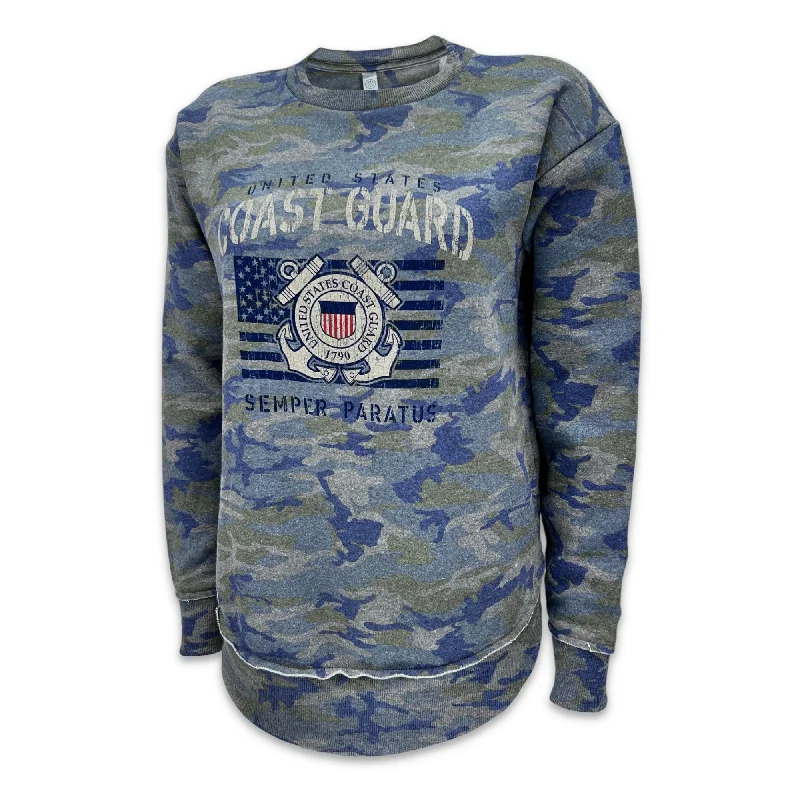 Instant Savings Coast Guard Ladies Vintage Stencil Fleece Crewneck (Camo)