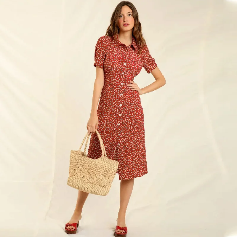 Price Fest Vintage Floral Print Collared Button Up Short Sleeve Midi Dress - Red