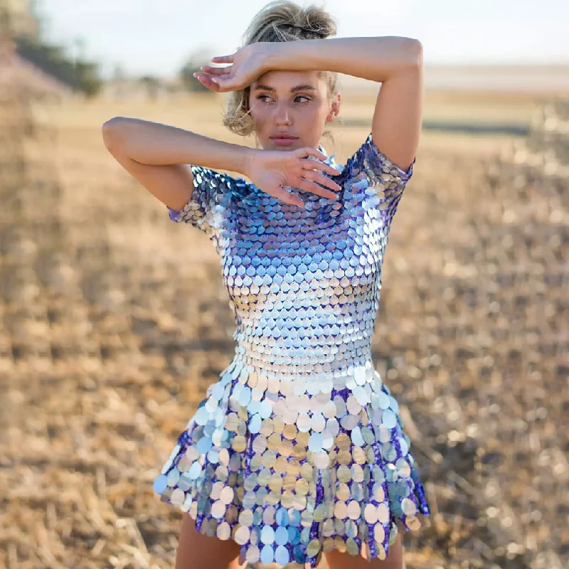 Epic Deals Sparkly Sea Shell Disc Sequin Mock Neck Short Sleeve Printed Mini Disco Party Dress Epic Deals Sparkly Sea Shell Disc Sequin Mock Neck Short Sleeve Printed Mini Disco Party Dress