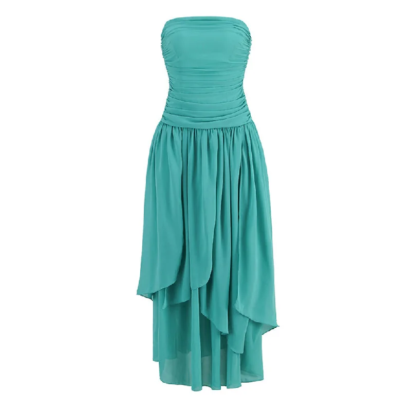 Exclusive Access Ethereal Gathered Strapless Drop Waist High Split Ruched Chiffon Maxi Dress
