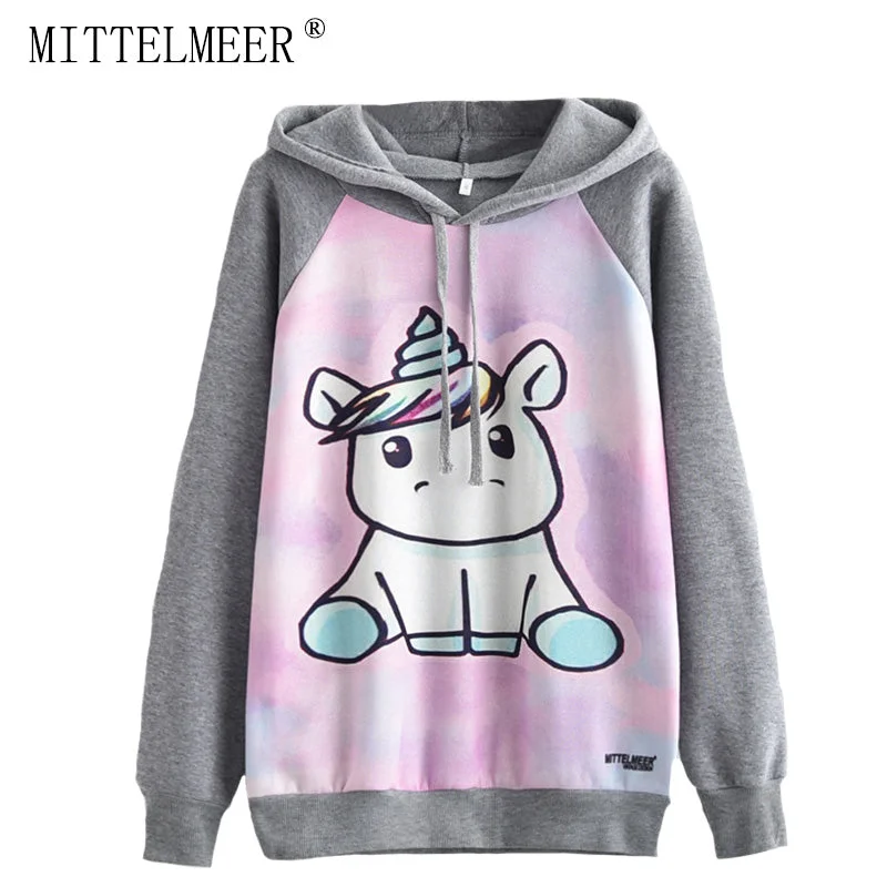 Final Markdown MITTELMEER 2018 Autumn winter Harajuku printed Hooded Sweatshirt printing cartoon Unicorn owl cat Hoodies girls women Christmas