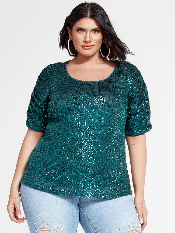 Online Specials Hillary Ruched Sleeve Sequin Top
