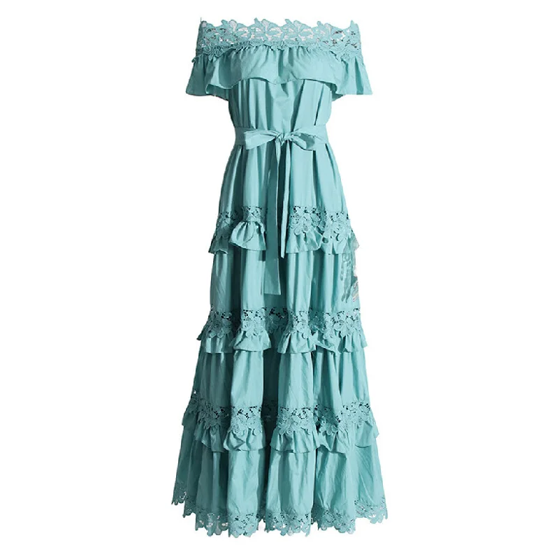 Buy Now Romantic Ruffle Off Shoulder Tie Waist Guipure Lace Tiered Maxi Dress