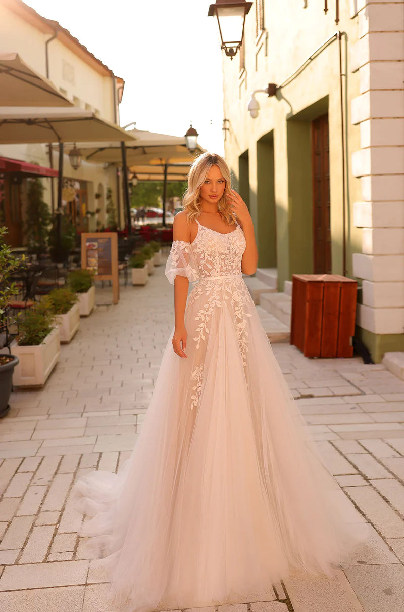 YEAR-End Sale Amarra Bridal 84226 Maddie A-line Ballgown Sheer Floral Bodice Scoop Neck Spaghetti Strap Optional Puff Sleeves Train Wedding Gown