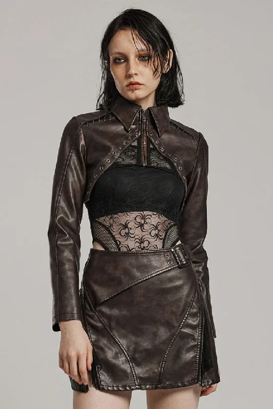 Online Only Brown Lapel Collar Long Sleeves Stitching Women's Faux Leather Punk Short Jacket