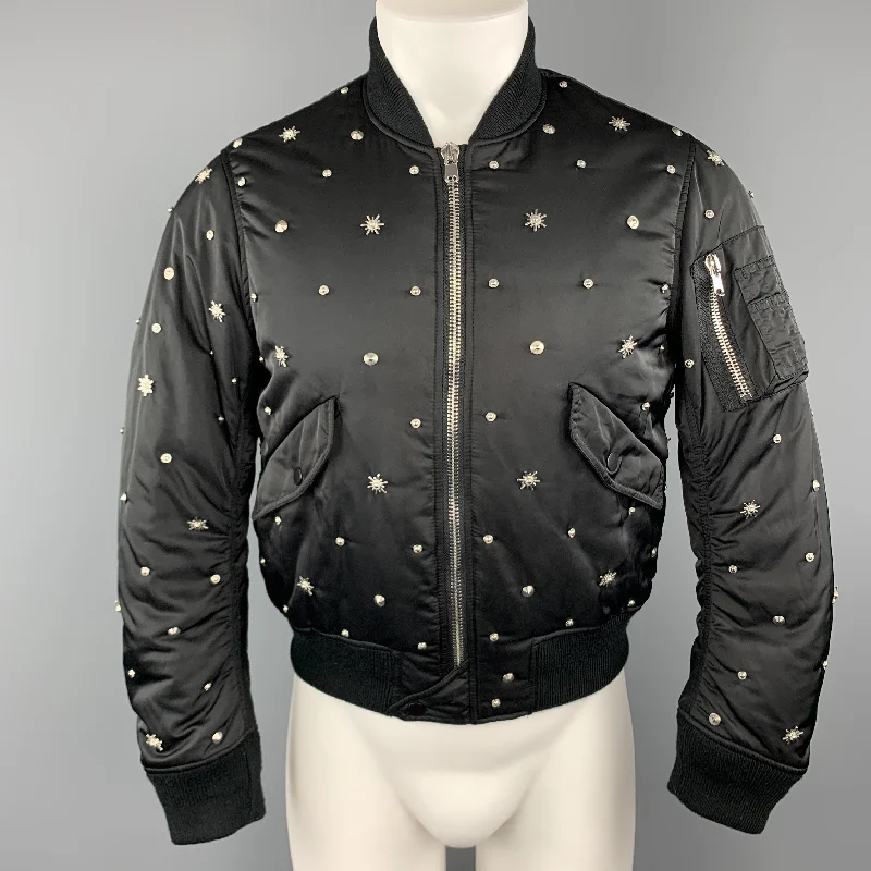 Discount Mania SANDRO Size XS Black Silver Tone Star Studded Nylon Bomber Flight Jacket