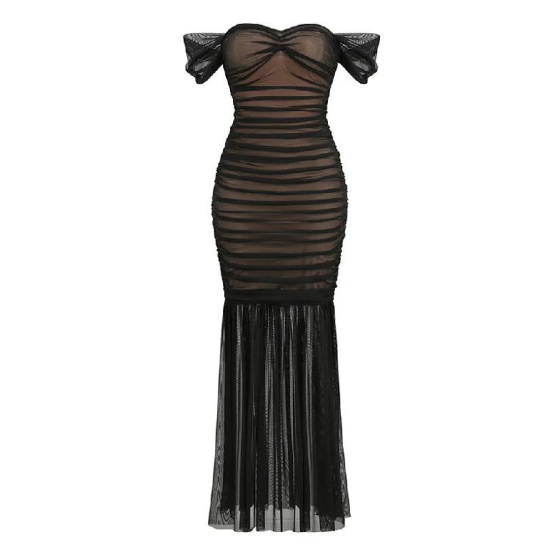 Special Promotion Elegant Sweetheart Neck Off Shoulder Ruched Mesh Fishtail Evening Maxi Dress
