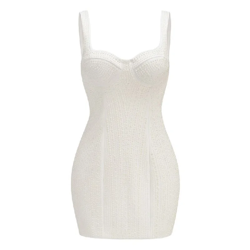 Anniversary Sale Opulent Sweetheart Neck Sleeveless Faux Pearl Embellished Crepe Mini Dress