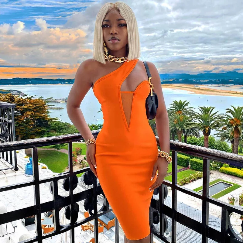 Price Buster Sleeveless One Shoulder Mesh Panel Bodycon Bandage Midi Dress - Burnt Orange Price Buster Sleeveless One Shoulder Mesh Panel Bodycon Bandage Midi Dress - Burnt Orange