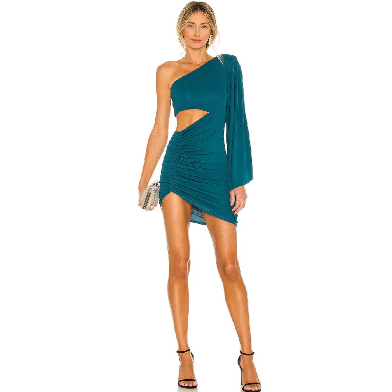 Reduced Prices Asymmetric One Shoulder Cutout Ruched Party Mini Dress - Teal