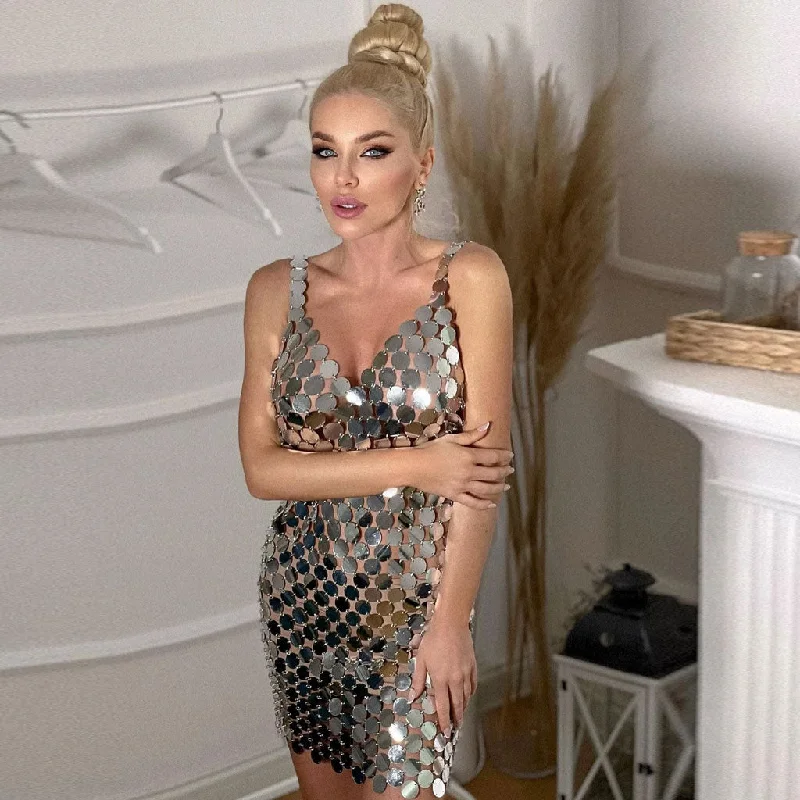 Price Break Sparkly Sequin Deep V Backless Sheer Effect Club Mini Dress - Silver