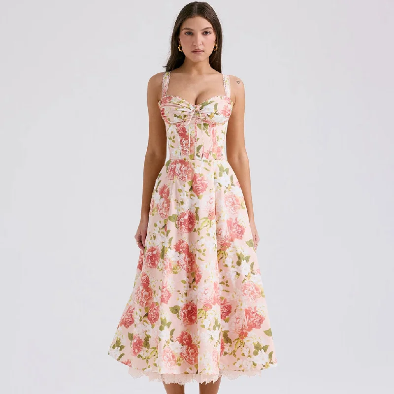 Low Prices Romantic Bow Tie Bustier Corset Layered Tulle Floral Print Midi Sundress