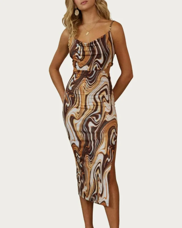 Buy Now Marble-Print Cowl Stretch-Jersey Cutout Midi Dress In Rust/Brown | Rust/Brown