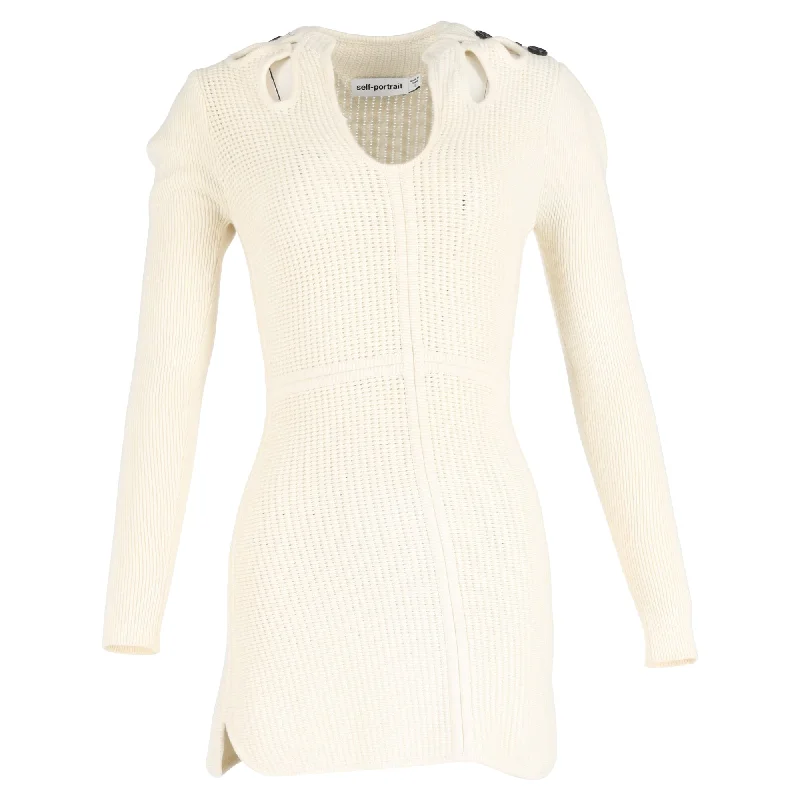 Self-Portrait Button-Embellished Cutout Ribbed Mini Dress in Cream Cotton