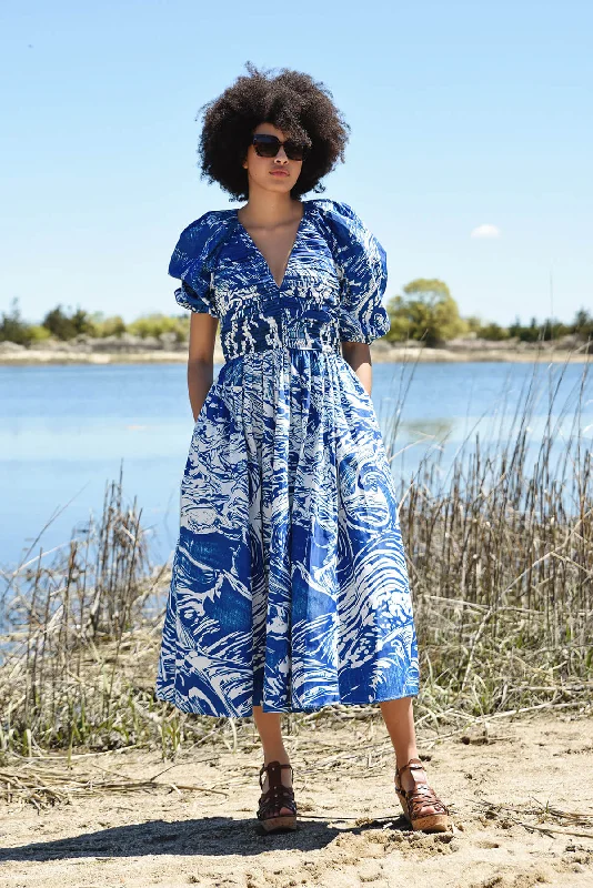 Midnight Madness Blue Printmaking Taffeta Midi Dress
