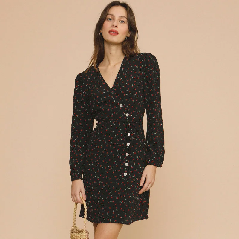 Deal Mania Vintage Floral Bishop Sleeve V Neck Buttoned Wrap Mini Dress - Black