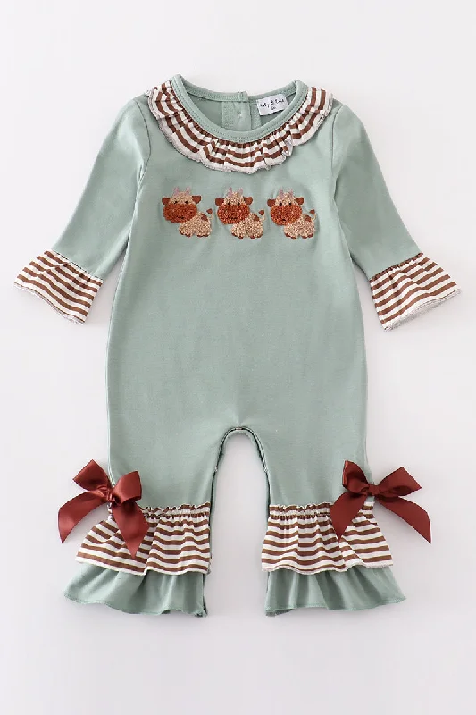 Price Drop Alert Green farm cow french knot girl romper