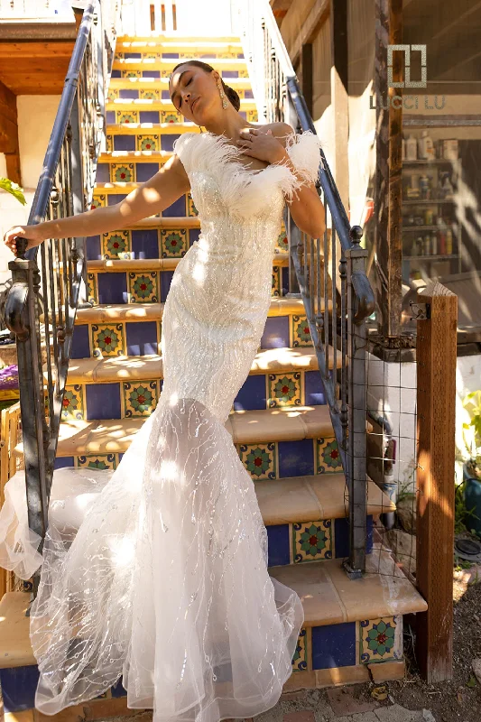 Special Discount Lucci Lu C8051 Long Beaded Shimmer Feather Mermaid Prom Dress Pageant Gown Wedding