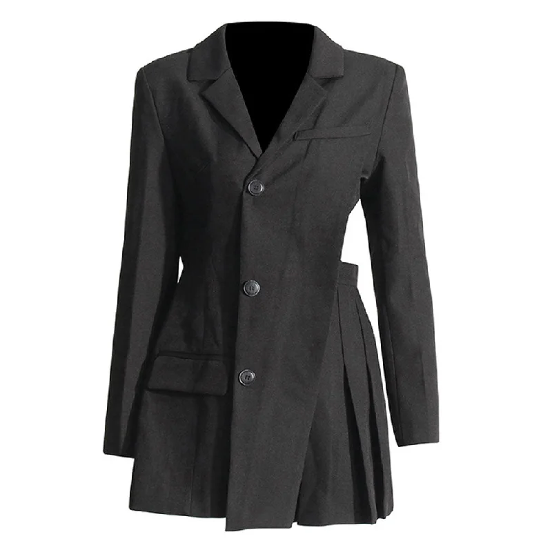 Midnight Madness Asymmetric Cutout Lapel Shoulder Pad Button Up Pleated Mini Blazer Dress