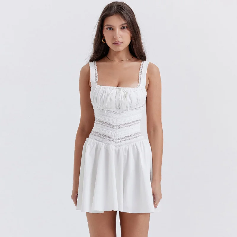 Today’s Deal Sexy Ruched Tie Front Square Neck Suspender Strap Lace Trim Mini Sundress