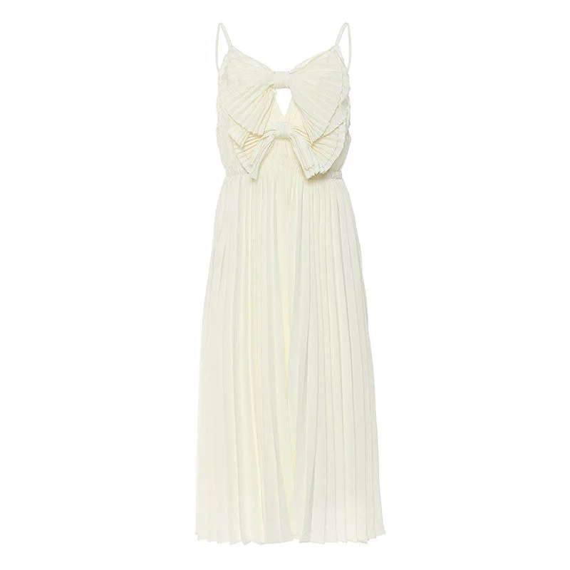 Act Fast Cute V Neck Big Dual Bow Spaghetti Strap Pleated Midi Chiffon Slip Dress
