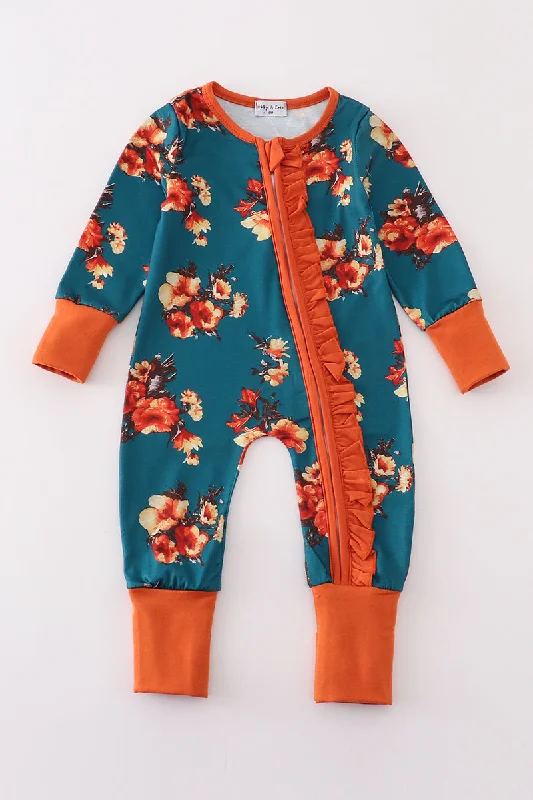 Deal Mania Green floral print ruffle zip girl romper