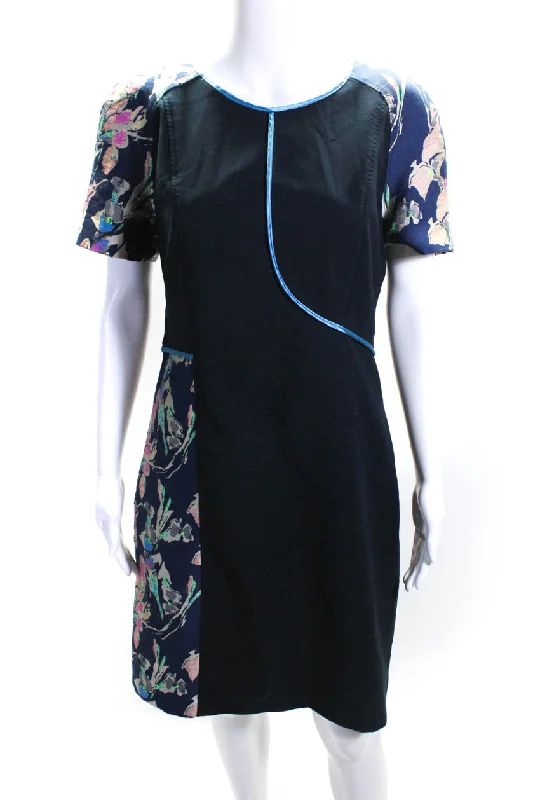 Jason Wu Womens Floral Print Short Sleeve Knee Length Shift Dress Blue