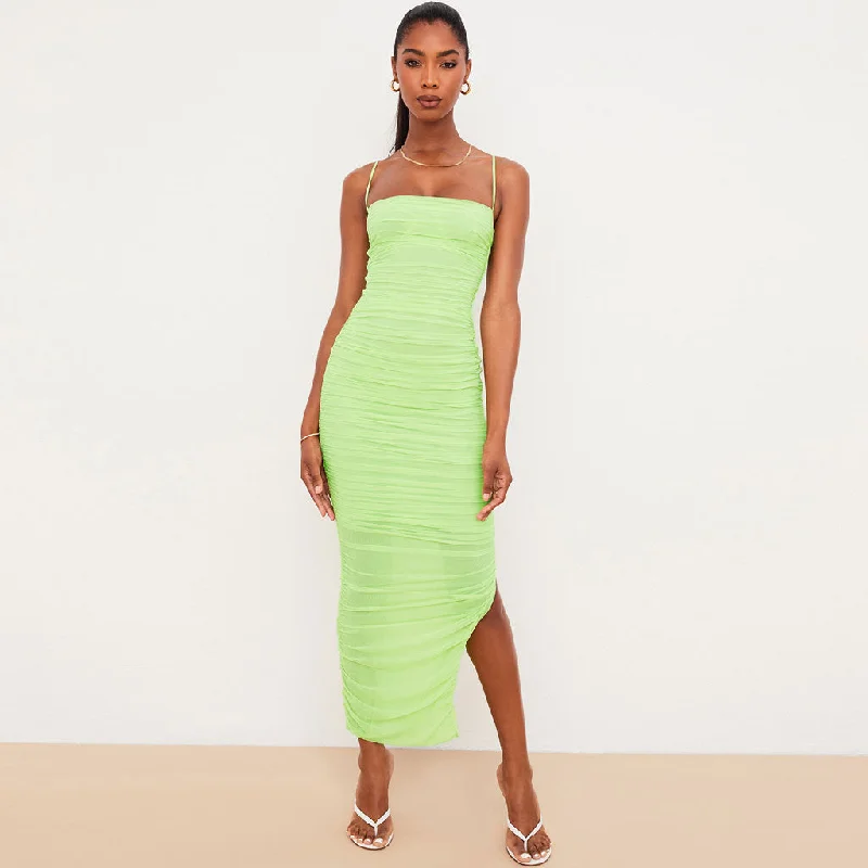 Shop and Save Square Neck High Slit Ruched Mesh Cocktail Party Maxi Dress - Green