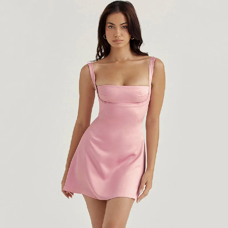 Limited Edition Sweet Square Neck Suspender Strap Satin Mini Dress - Pink