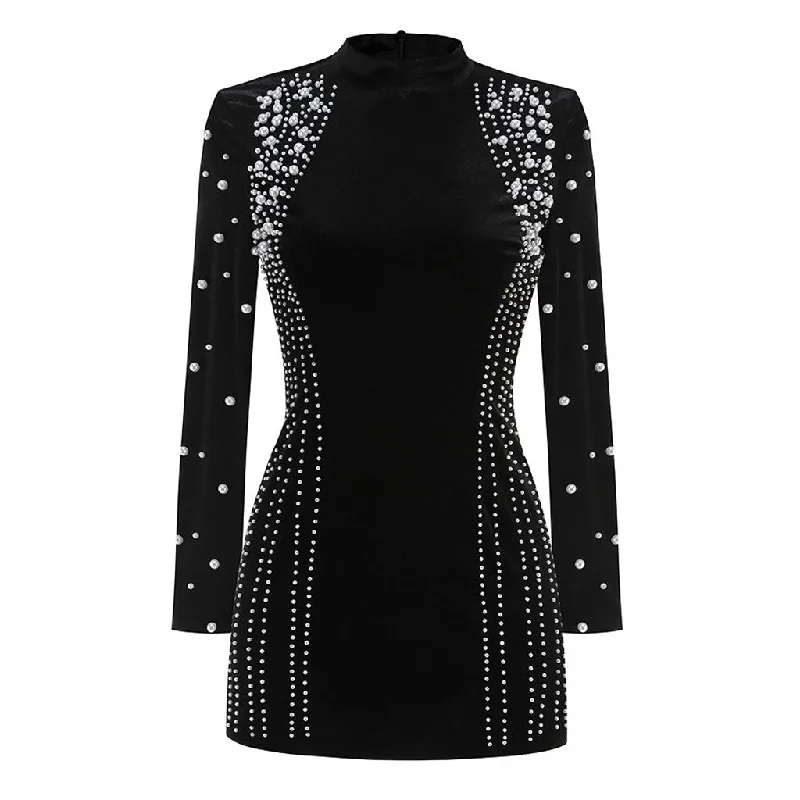 Markdowns Opulent Faux Pearl Embellished Long Sleeve Velvet Bodycon Mini Party Dress