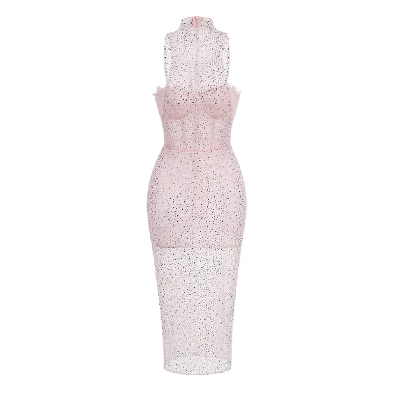 Special Offer Sweet High Neck Bustier Sleeveless Sheer Rhinestone Mesh Midi Dress