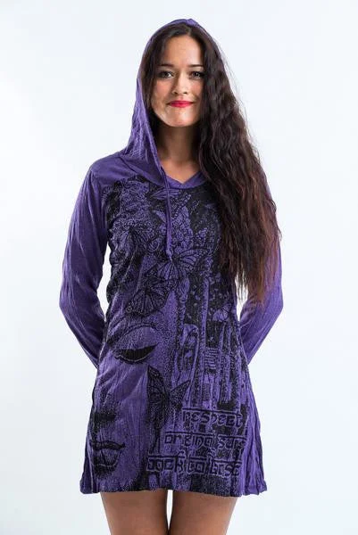 Sure Design Women's Butterfly Buddha Hoodie Dress Purple