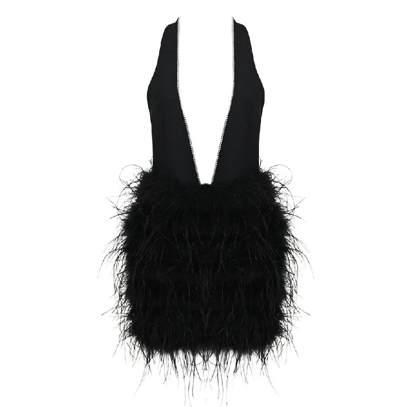 Deal Dash Sparkly Rhinestone Plunge Halter Neck Backless Bandage Feather Mini Dress Deal Dash Sparkly Rhinestone Plunge Halter Neck Backless Bandage Feather Mini Dress