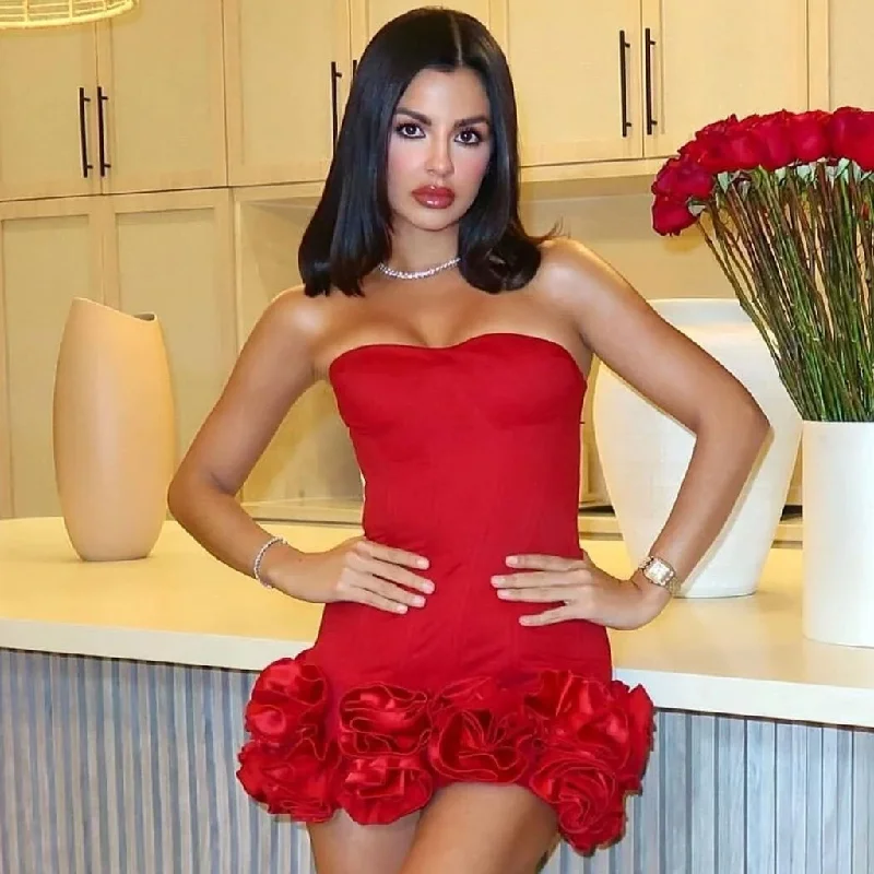 Final Clearance Sexy Balconette Strapless Lace Up Corset Drop Waist Rosette Micro Mini Dress