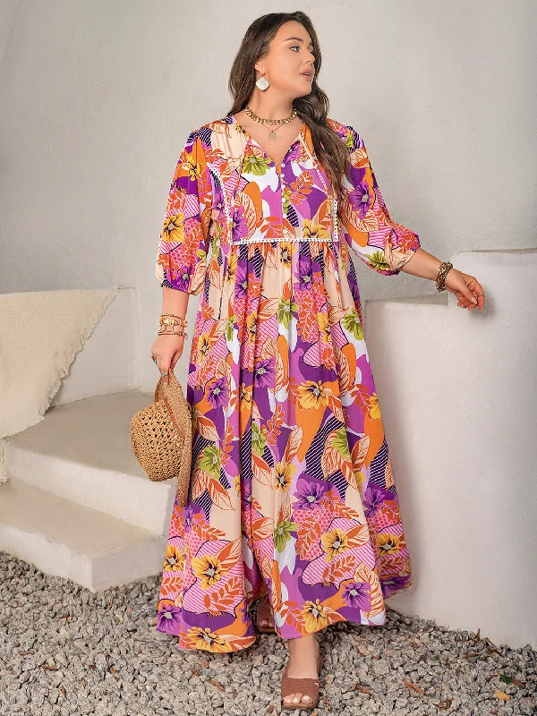 Midnight Madness Plus Size Printed Tie Neck Maxi Dress