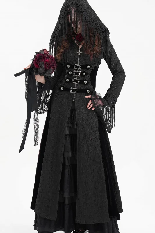 Don’t Miss Out Black Buckle-up Tassels Hooded Women's Gothic Coat