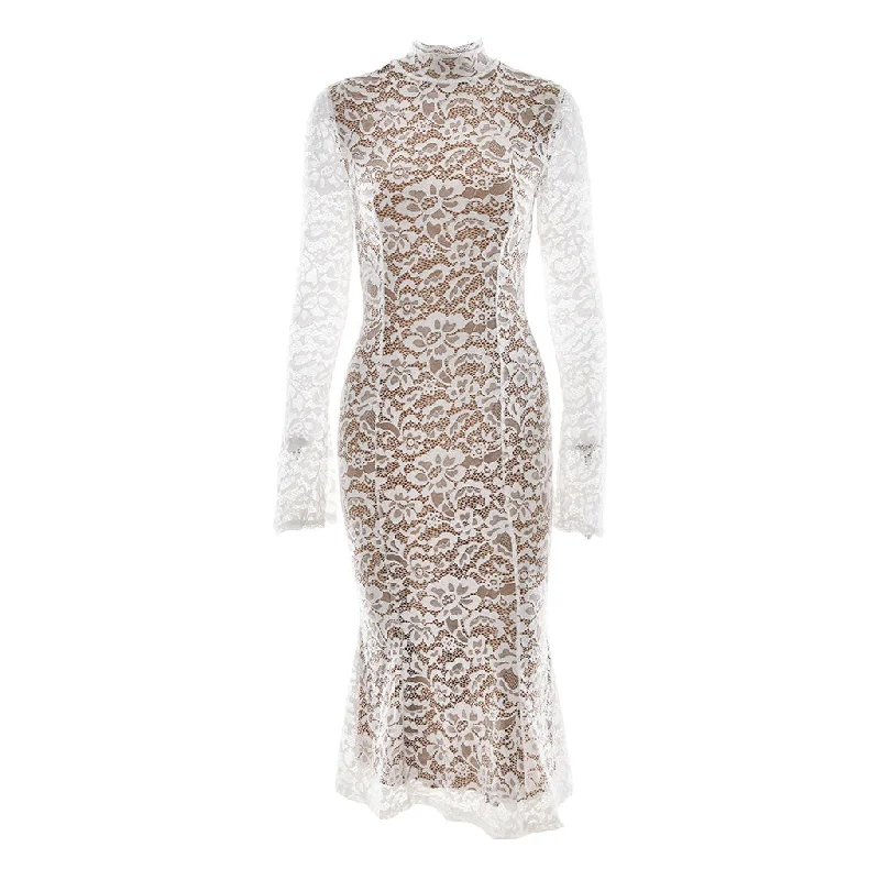 Huge Discounts Vintage Mock Neck Bell Sleeve Sheath Fishtail Floral Lace Midi Dress