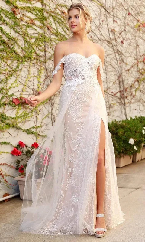 Nox Anabel E441 Size 4, 10, 14 Off the shoulder Sheer Lace Wedding Dress Slit Overskirt Bridal Gown Boho