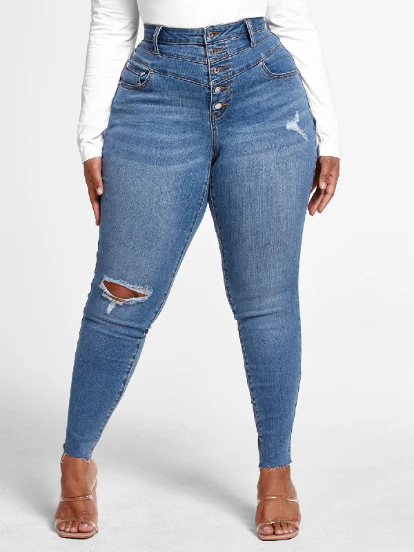 Doorbuster Deal Medium Wash High Rise Button Fly Skinny Jeans - Short Inseam