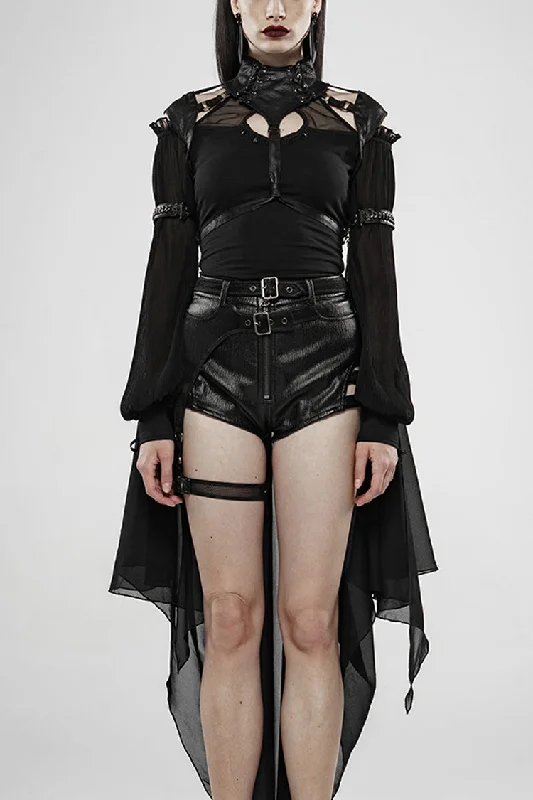 Holiday Sale Black Stand Collar Sleeveless Metal Buckle Leather Strap Womens Gothic Cloak