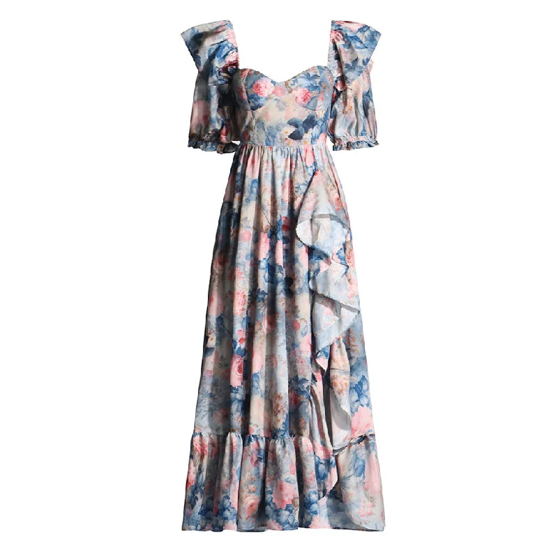 Steals and Deals Vintage Floral Print Sweetheart Puff Sleeve Ruffle Split Maxi Vacation Dress