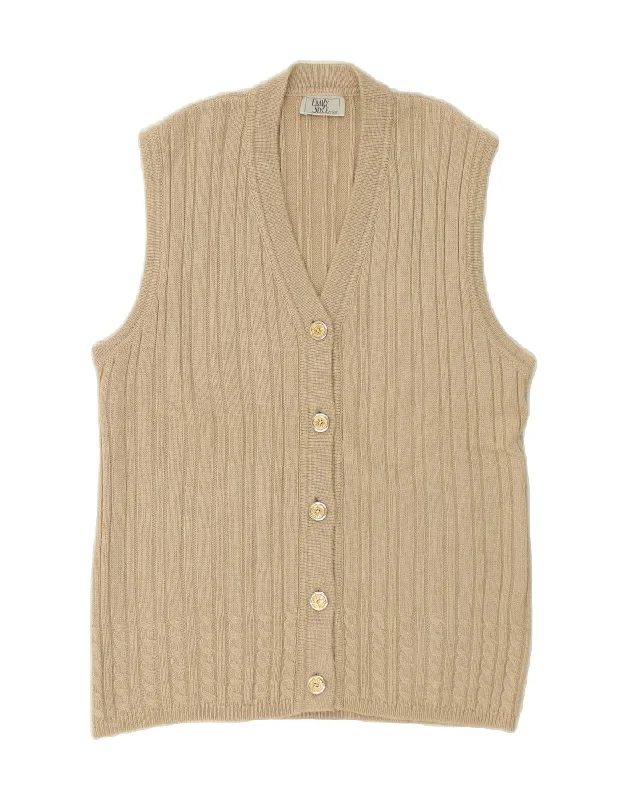 YEAR-End Clearance VINTAGE Womens Sleeveless Cardigan Sweater UK 14 Large Beige Wool
