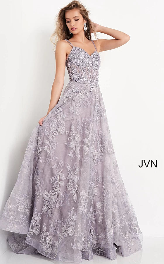 Jovani 02266 floral embroidered A line prom dress evening gown plunging v neckline