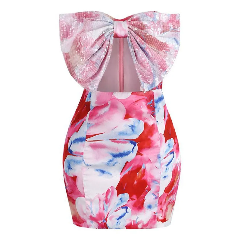 Fantastic Offers Fancy Sequin Big Bow Cutout Strapless Floral Printed Bodycon Mini Party Dress Fantastic Offers Fancy Sequin Big Bow Cutout Strapless Floral Printed Bodycon Mini Party Dress