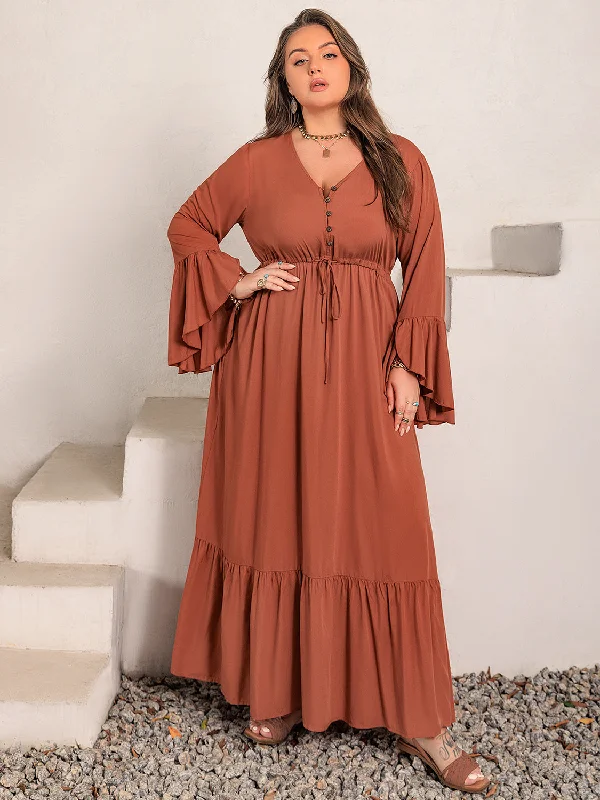 Final Markdown Plus Size V-Neck Flare Sleeve Maxi Dress