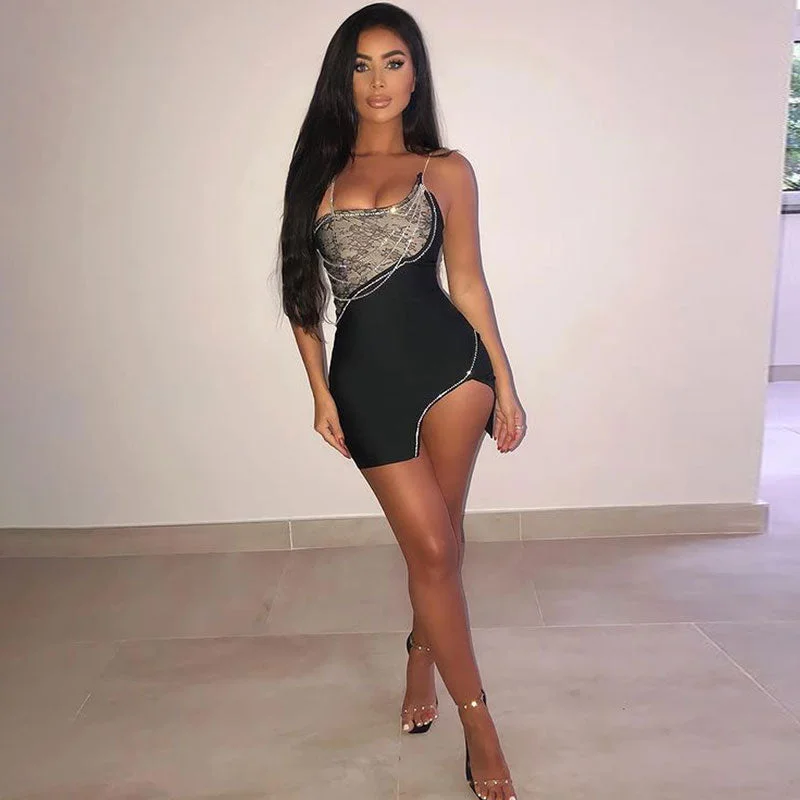 Final Sale Asymmetric Rhinestone Chain Embellished Lace Panel Split Mini Party Dress Final Sale Asymmetric Rhinestone Chain Embellished Lace Panel Split Mini Party Dress