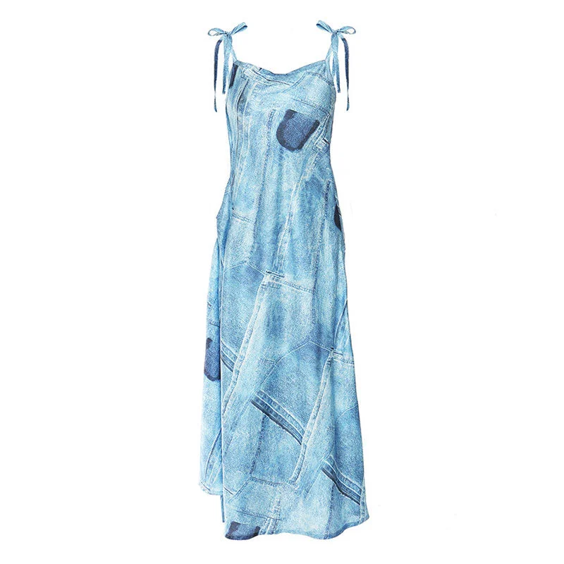 Lowest Price Graphic Denim Print Cowl Neck Shoulder Tie Side Wrap Slip Midi Dress