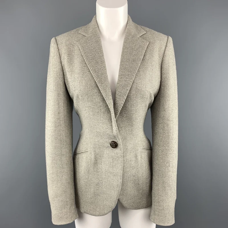 Flash Sale RALPH LAUREN Size 8 Gray Herringbone Wool Single Button Blazer