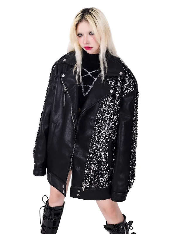 PINKSPINK Glitter Punk Leather Jacket - Black and Silver